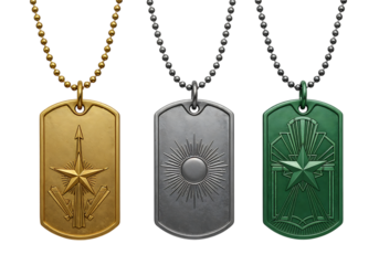 Three military dog tags with unique designs.