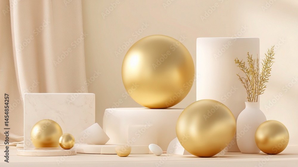 Poster floating gold spheres and minimalist white objects in soft light