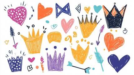 Vibrantly Illustrated Crowns and Squiggles on Colorful Background