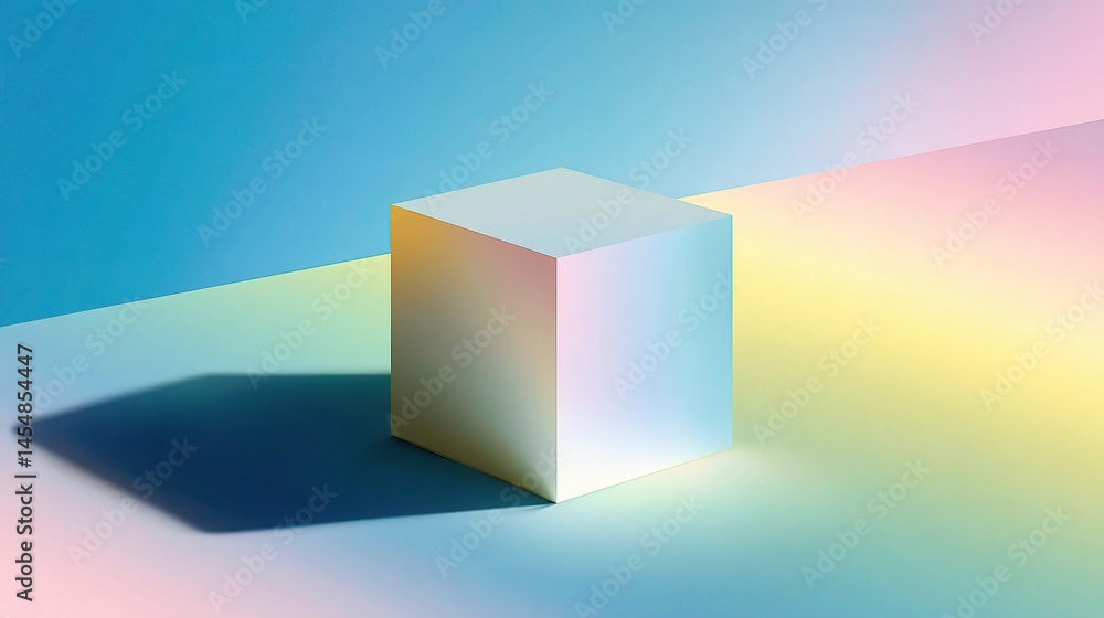 Poster pastel cube casting long shadow over gradient background