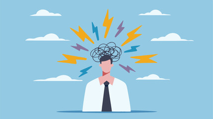 Overwhelmed businessman tangled thoughts stress anxiety mental health cartoon