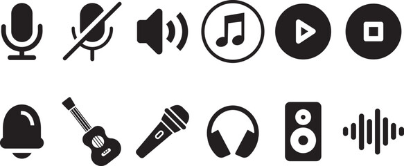 Music Icon Set, Sound check, Mic, Music making, Electric guitar,Sound, Volume, Mute, Music, Sound Wave,Frequency, Mixer, Speaker, Microphone, Earphones, Headphones Vector illustration