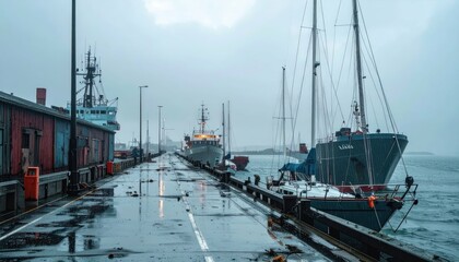 Calm Harbor Scene with Boats and Overcast Sky on a Rainy Day