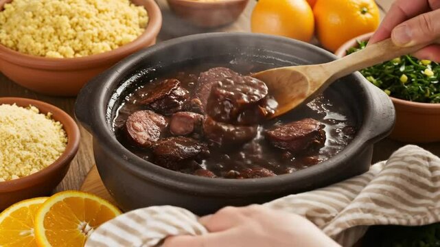 A close up of feijoada in a black pot with wooden spoon and side dishes on a wooden table top view