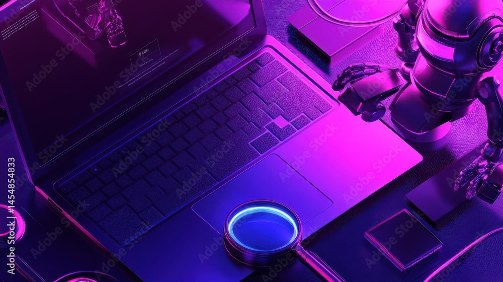 Poster developers, robot work at laptop with magnifier. industrial cybersecurity, industrial robotics malwa