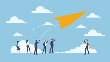 Obraz premium Team launching paper airplane achieving goals success collaboration blue sky