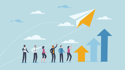 Team launching innovative project soaring growth success upward trend bright