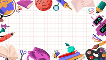 Background on back to school with educational supplies. Frame with a pattern of school accessories and symbols, copy space in the center.