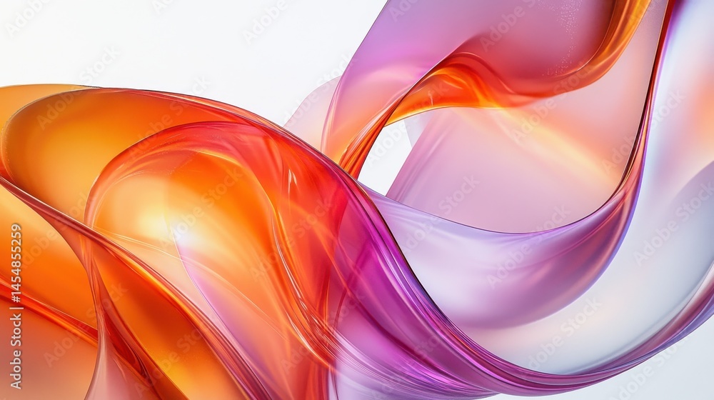 Poster colorful abstract waves of translucent ribbons overlapping on smooth white backdrop