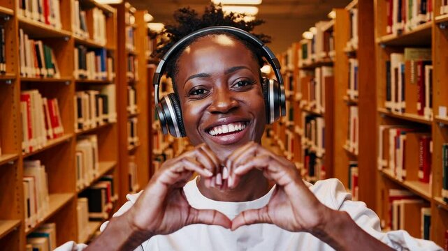 Smiling woman with headphones making heart gesture with hands in library aisle