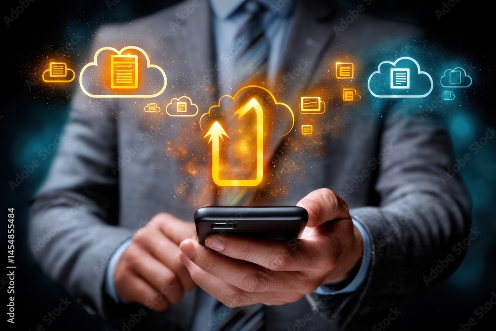Poster professional businessman uploading data to cloud with smartphone and colorful icons