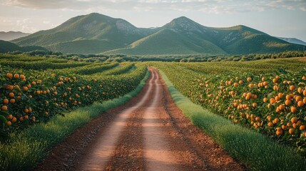 Country road through vibrant orchards at sunset