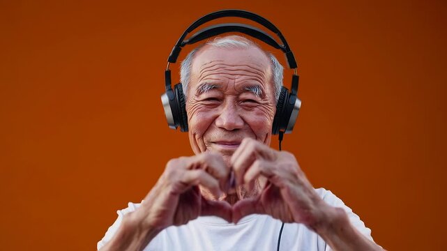 Smiling senior man with headphones making heart gesture with hands against orange background