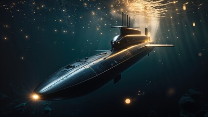 Obraz premium A sleek, dark submarine glides through the deep ocean, illuminated by beams of light piercing the water. The scene is mysterious and dramatic.