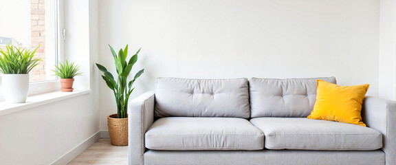 Bright minimalist apartment with gray furniture and plants, modern serenity