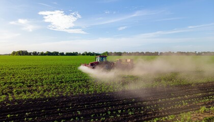 Agricultural Tractor Spraying Crops in Vibrant Green Field Landscape