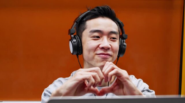 Smiling young man with headphones making heart gesture with hands in modern workspace with orange background