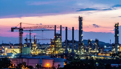 Industrial Landscape with Manufacturing Facilities and Sunset Sky