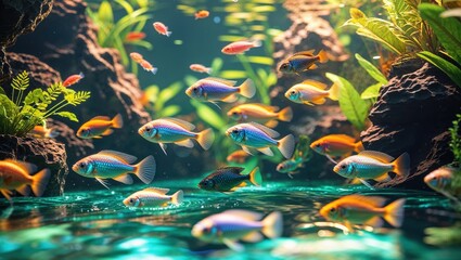 Vibrant aquarium scene with a variety of colorful fish swimming among lush green plants and rocks. A tranquil underwater world.