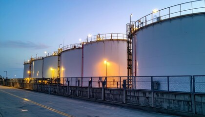 Obraz premium Industrial Storage Tanks at Dusk with Soft Blue Sky and Lights