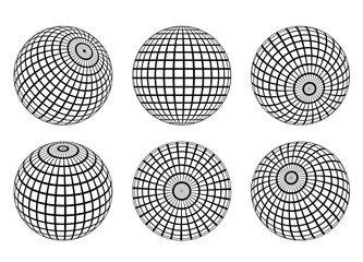 Collection of six black wireframe sphere icons with varying grid distortions, representing 3D geometric designs, isolated on white background.