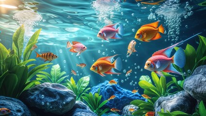 Vibrant aquarium scene with colorful fish swimming amidst lush green plants and smooth rocks. A peaceful underwater world.