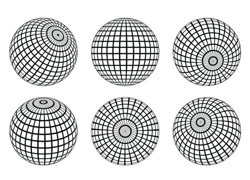 Collection of six black wireframe sphere icons with varying grid distortions, representing 3D geometric designs, isolated on white background.