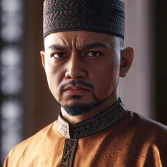 Portrait of a Southeast Asian Muslim Man in Traditional Yellow Baju Melayu and Songkok Hat