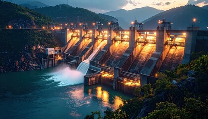 Powerful Dam Structure at Sunset with Flowing Water and Mountains