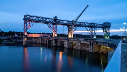Fototapeta premium Industrial Bridge with Crane at Sunset over Calm River Waters