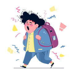  Sleepy Student with Backpack Yawning on Way to School &ndash; Naive Style Vector PNG for Back to School Posters, Sleep Awareness Campaigns, and Education Blogs