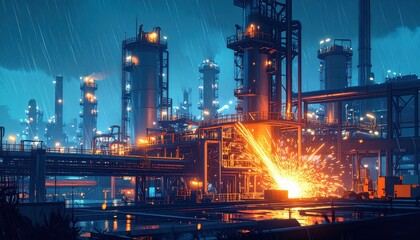 Industrial Facility at Night with Sparks and Rainy Atmosphere