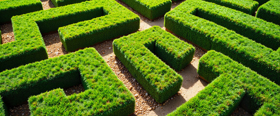 Highlighted maze path in green hedges, navigation and clarity