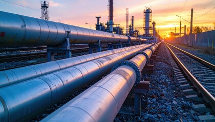 Naklejka premium Pipes and Tracks at Industrial Facility During Sunset Reflection