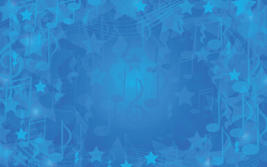 Blue musiacal background with notes and stars. Dynamic vibrand backdrop for music themed projects, party invitations, websites, festivals, printing, covers, scrapbook.