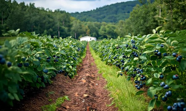Blueberry picking in a vast green field