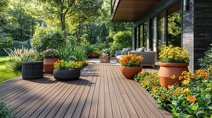 Modern outdoor deck with lush landscaping