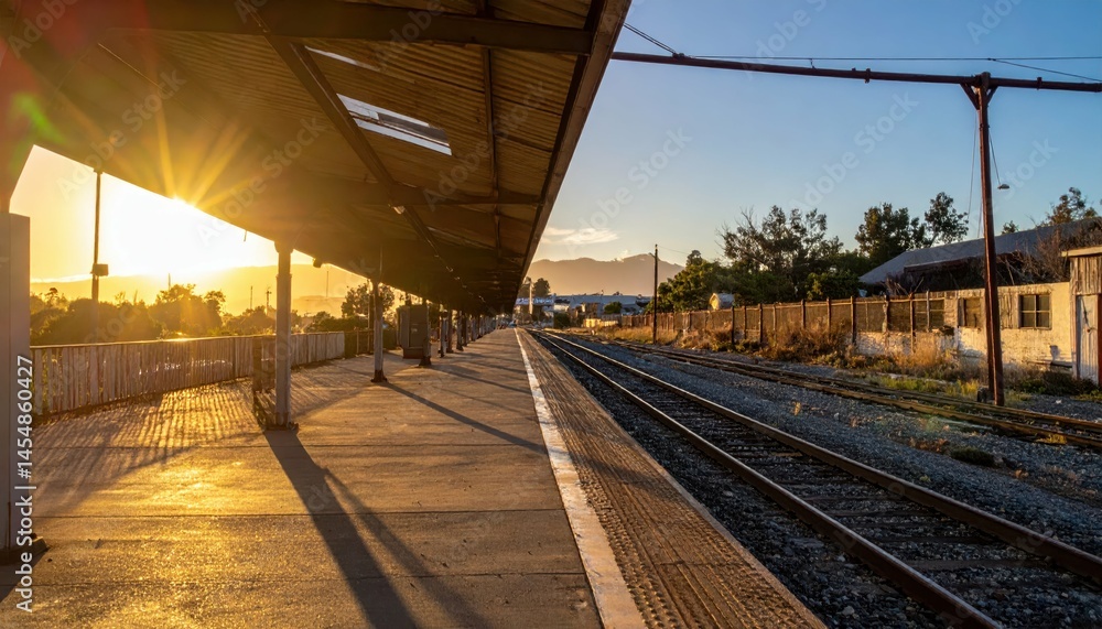Poster sunset view of railway station with tracks and empty platform