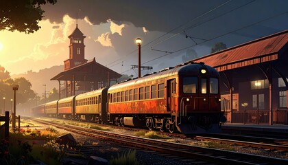 Obraz premium Vintage Train at Station During Sunset with Dramatic Sky
