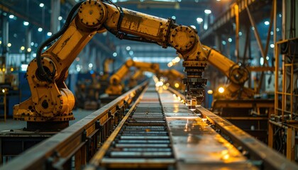 Industrial Robot Arms Working on Assembly Line in Modern Factory