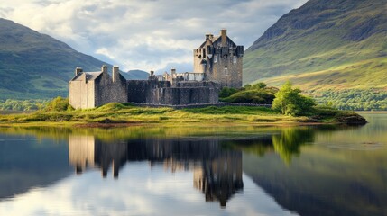 Historic Castle on Island Reflected in Loch Duich, Scotland Highlands