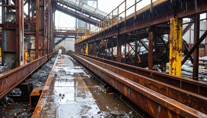 Industrial Facility with Rain on Metal Structures and Tracks