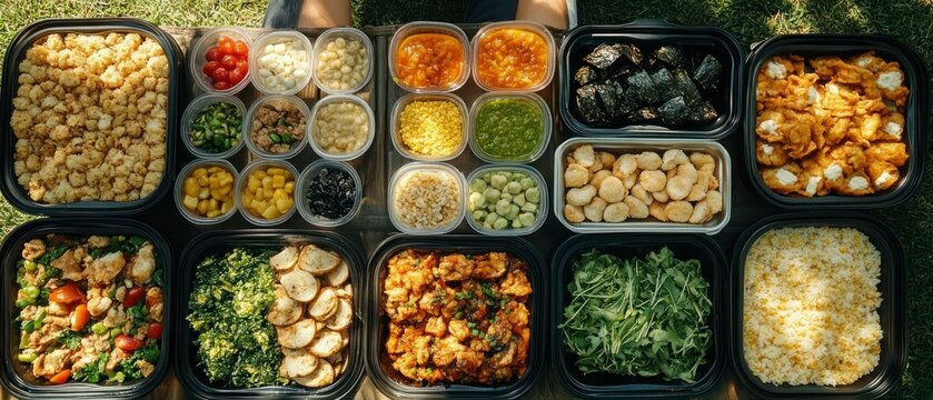 Person showcases multiple food containers filled with assorted ingredients and prepared meals, displaying variety and convenience.