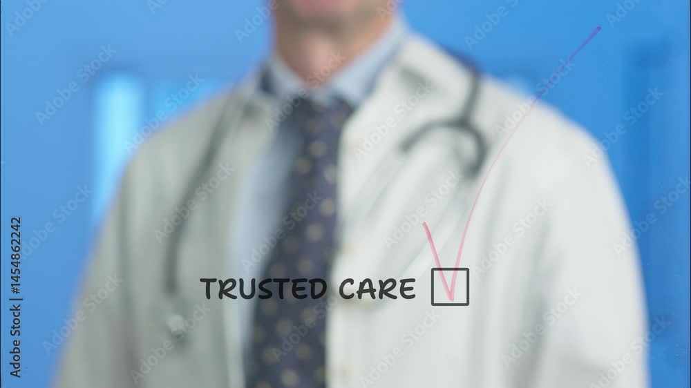 Poster medical professional verifying trusted care quality by marking checkbox on transparent screen, demon