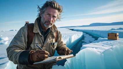 A middle-aged Caucasian man with graying hair and a beard takes notes in a notebook while standing on a glacial ice field. The serene, icy landscape contrasts sharply with his focused expression.