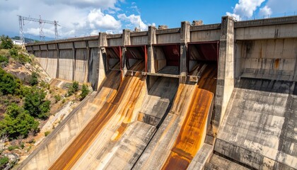 Rusty Water Flowing from Large Concrete Dam Under Blue Sky