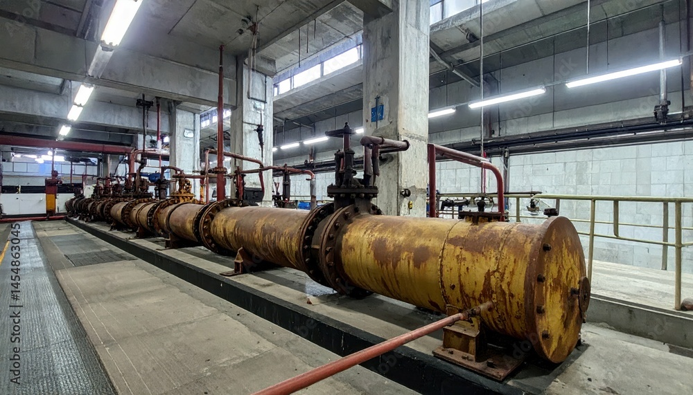 Poster industrial pipe system with rust and aging machinery in factory