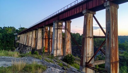 Abandoned Railway Bridge at Sunset Surrounded by Lush Greenery