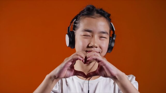Teen girl enjoying music with headphones, making heart gesture with hands on orange background