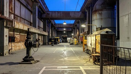Abandoned Industrial Warehouse With Pipes and Machinery at Dusk